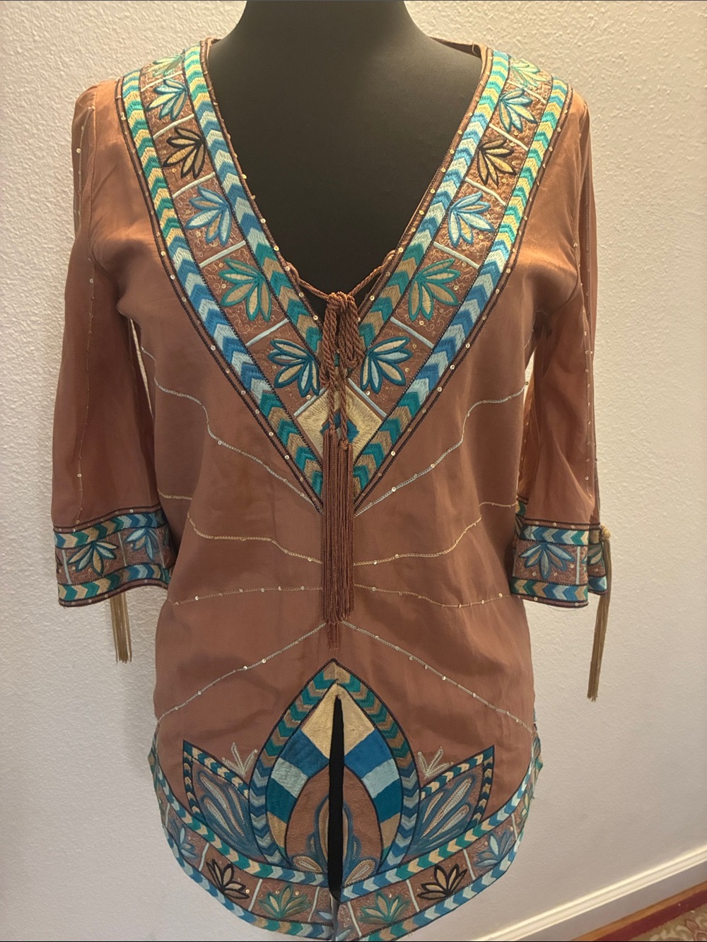 Lotta Stensson Embroidered Beaded V-Neck Tunic Blouse in Rust and Teal & Tassels